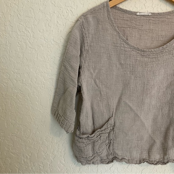 luukaa lagenlook linen beige 3/4 length sleeves front pockets shirt - Picture 4 of 8